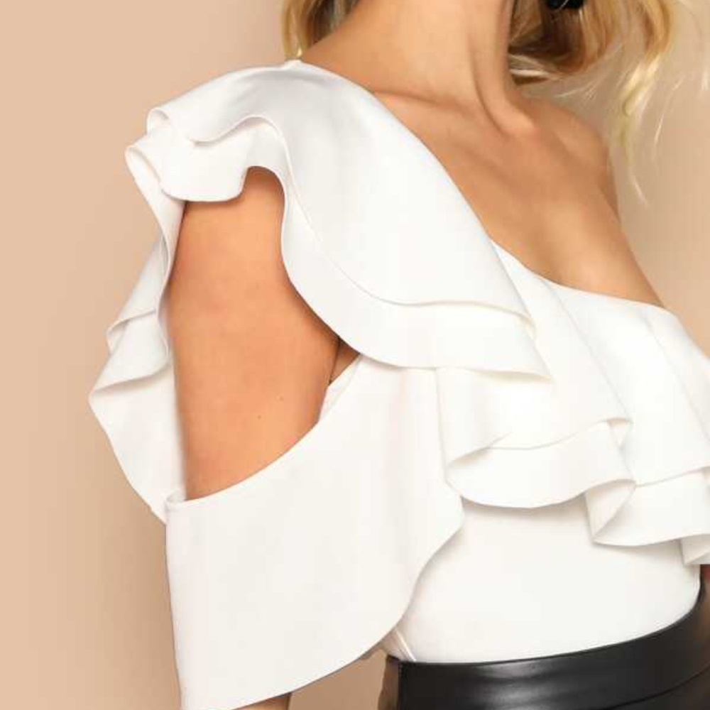 White Ruffle Cut out Bodysuit Sexy Party Minimalist - Picture 4 of 4
